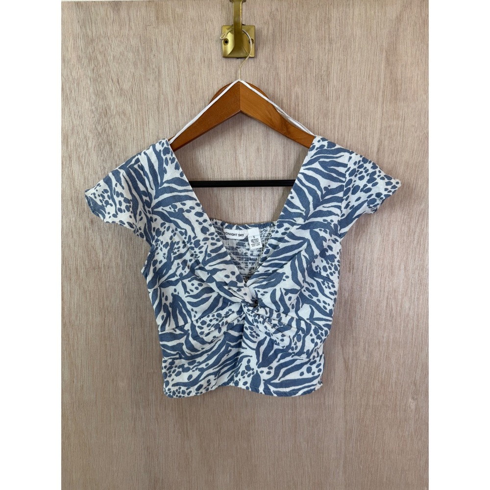 Midnight Sky Blue White Animal Print Twist Front Smocked Crop Top Small